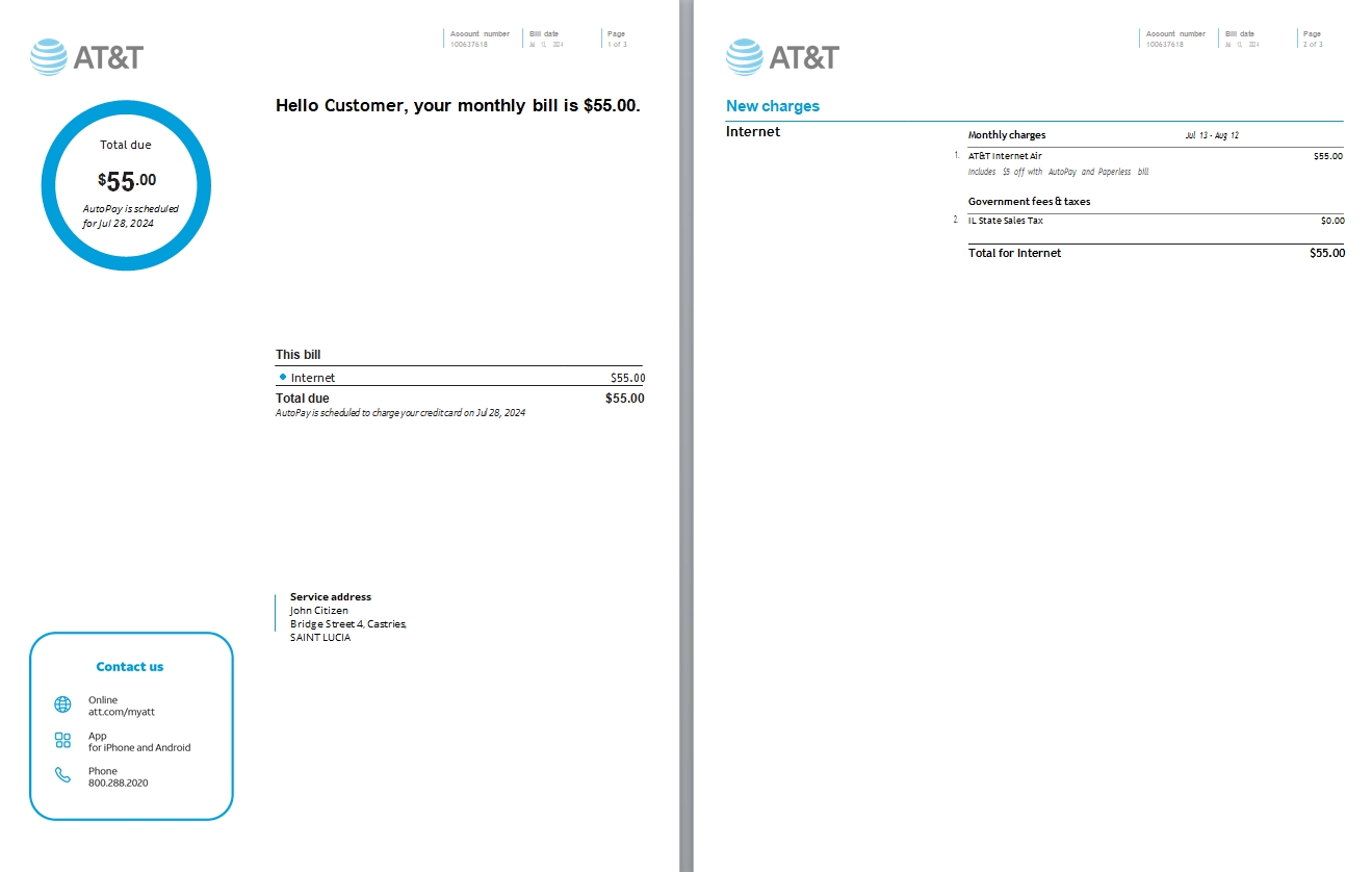 Saint Lucia internet utility bill, 3 pages scr